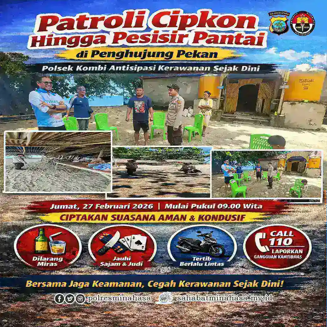 Patroli Cipkon hingga Pesisir Pantai di Penghujung Pekan, Polsek Kombi Antisipasi Kerawanan Sejak Dini
